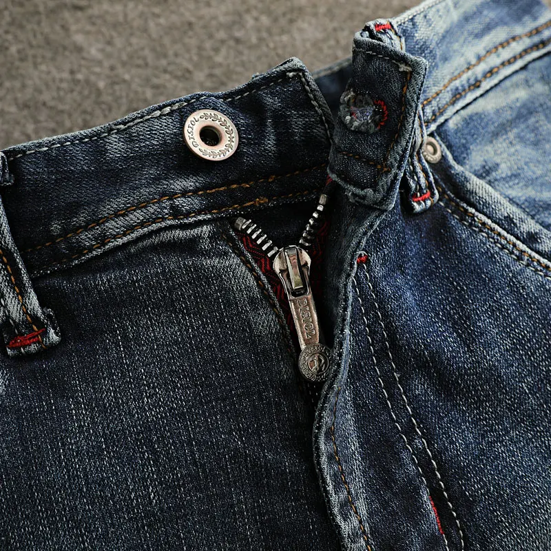 Designer Fashion Men Jeans Retro Washed Blue Stretch Slim Fit Ripped Jeans Men High Quality Vintage Y2K Denim Pants Hombre