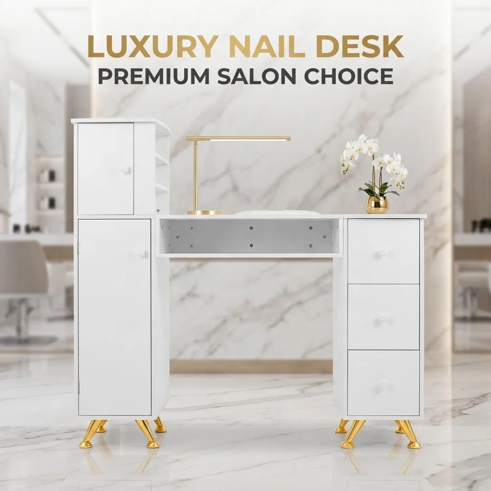 Luxury White Solid Wood Modern Manicure Table With Large Storage Drawers Salon Furniture Nail Desk