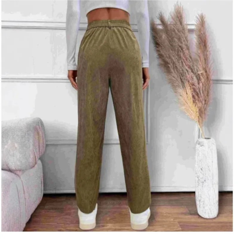 Women's Casual Loose Corduroy Straight Leg Pants With High Waist Button Pocket Khaki Color Autumn New Item Pants For Women 2025