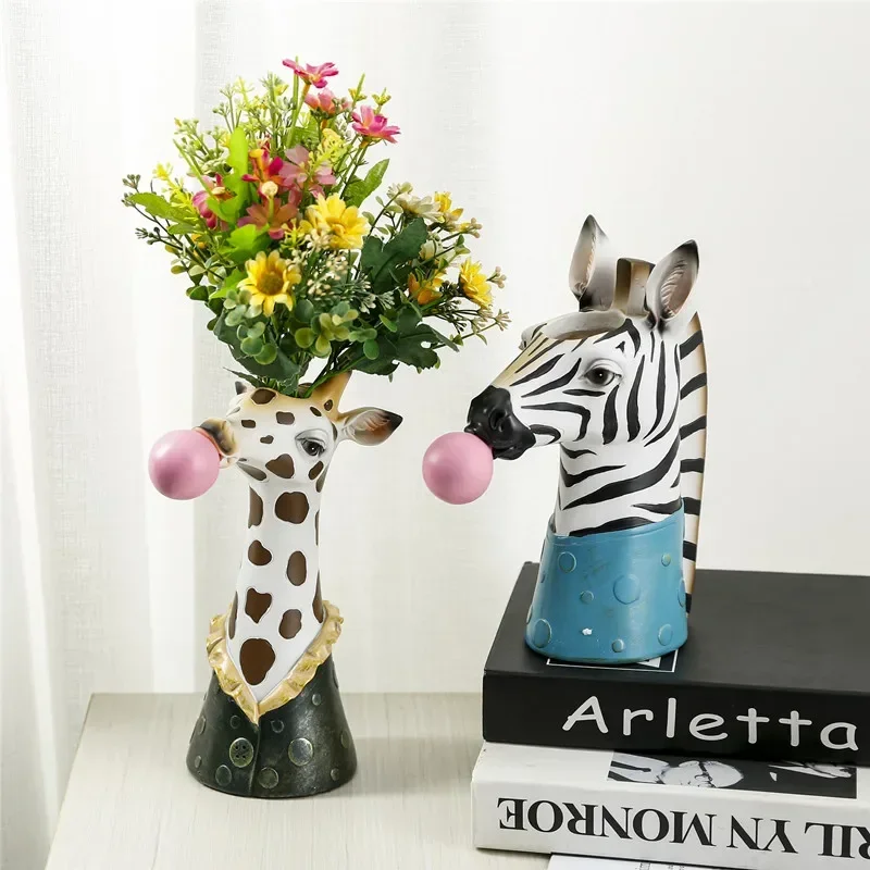 Resin Animal Head Vase Lovely Flower Pot Bubble Gum Room Decoration Simulation Zebra Panda Deer Creative Crafts Decor