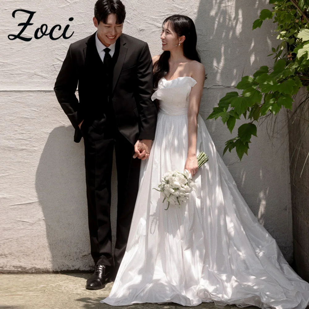 

Zoci Modern Strapless Korea Wedding Dresses Customized A Line Sleeveless Taffeta Bride Dress Photos Shoot Wedding Reception Gown