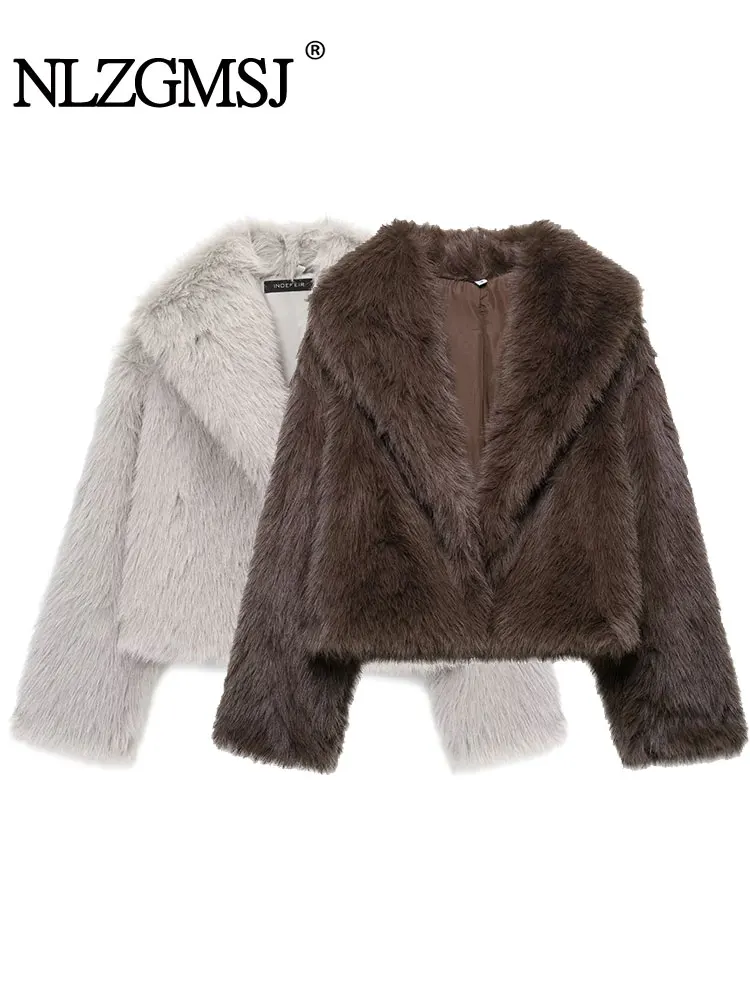 

NLZGMSJ Casual Faux Fur Women Jacket Solid Turn-down Collar Long Sleeve Warm Coat Chic Fashion 2025 Winter Autumn Outwear
