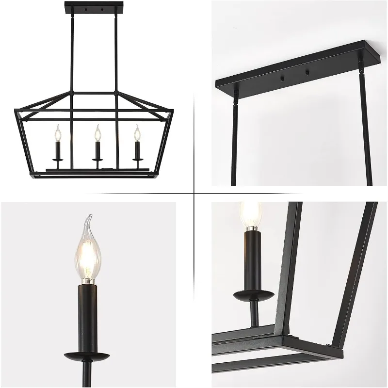 Farmhouse Chandelier Light Fixture, Industrial Linear Luzes Pingente, Ilha de cozinha, Lanterna vela, preto, 3-Luz