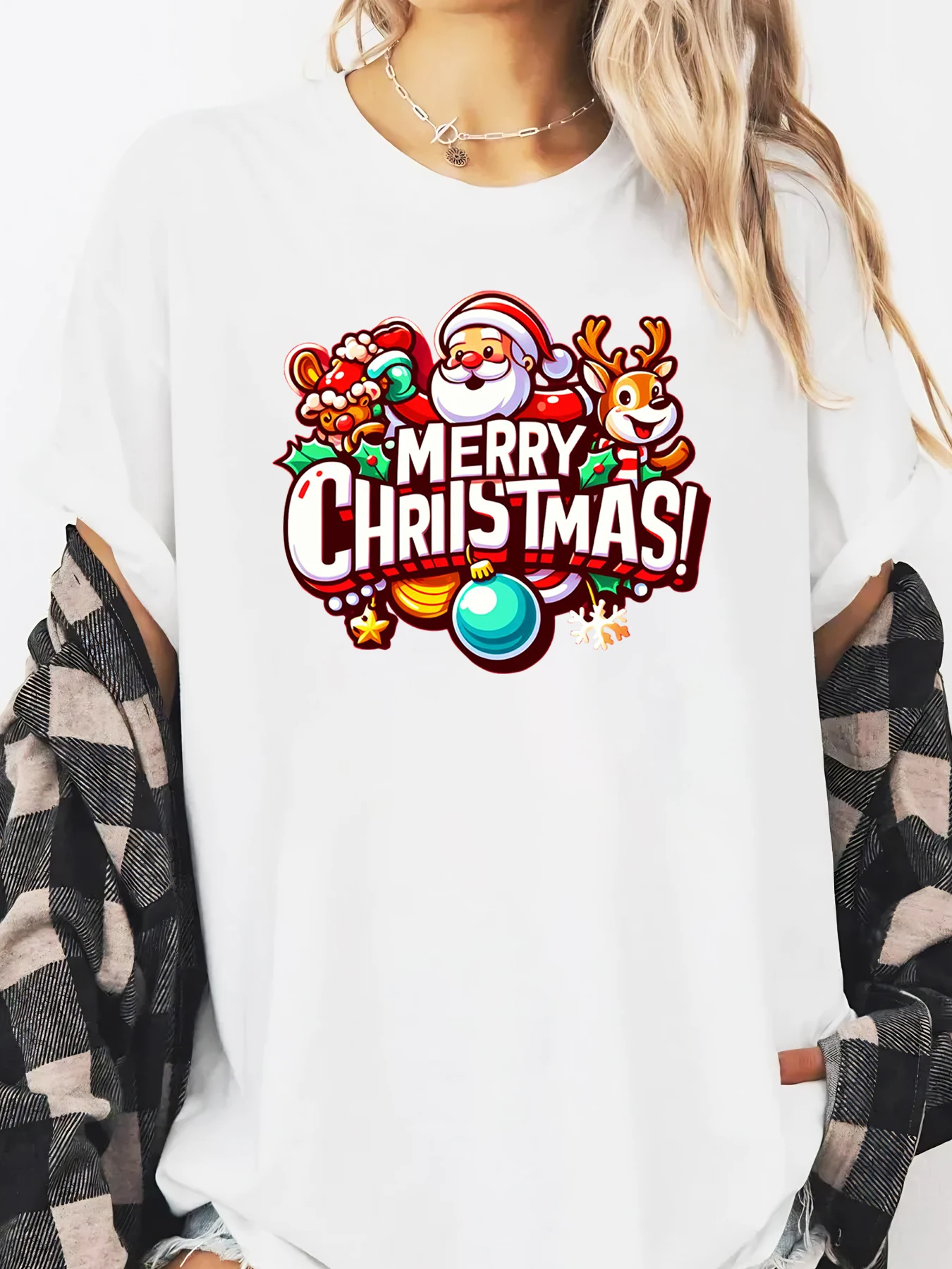 Feliz Navidad Santa Reno estampado vacaciones camiseta de manga larga mujer ropa Casual blanco de talla grande
