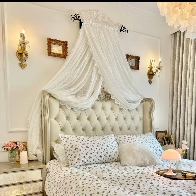 French bed curtain, princess lace decoration, bedside veil, cross one-line rod, simple curtain art pole, American medieval style