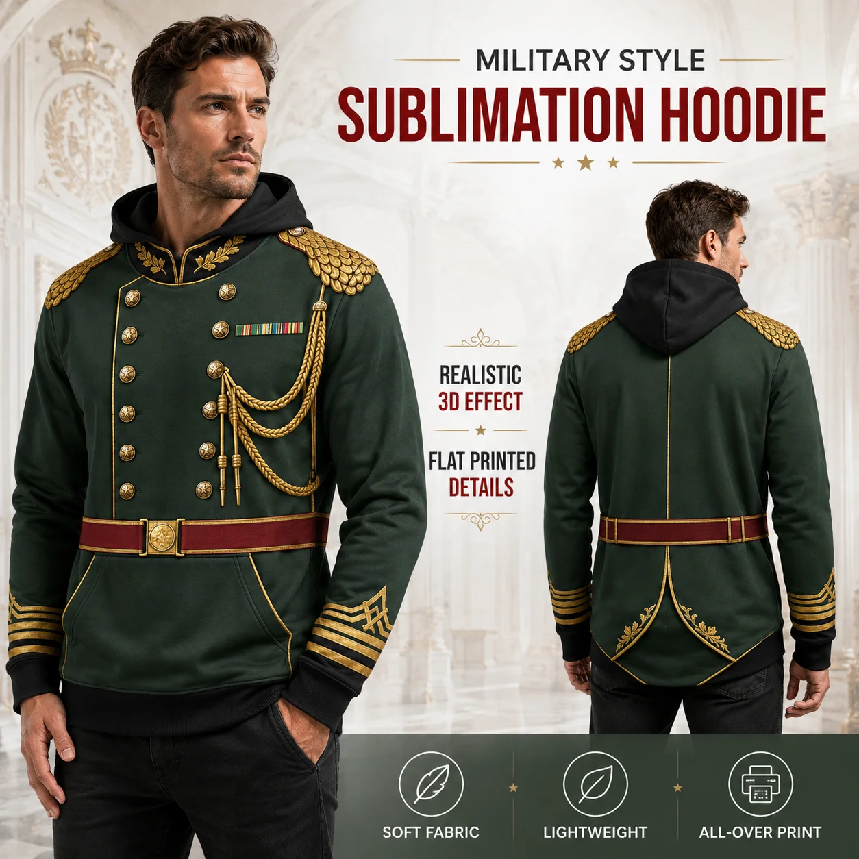 Vintage Military Uniform Style Hoodie Men Forest Green Gold 3D Print Officer Inspired Pullover Hooded Sweatshirt Retro