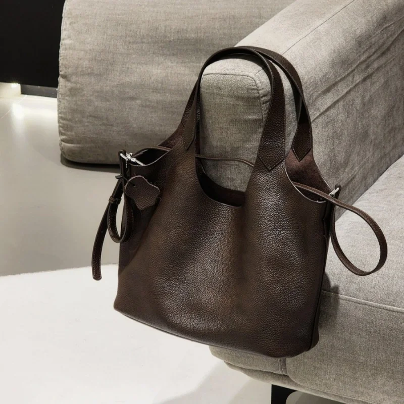

Vintage Top Layer Cowhide Handheld Basket Bag Simple Versatile Single Shoulder Crossbody Mother-Daughter Bag