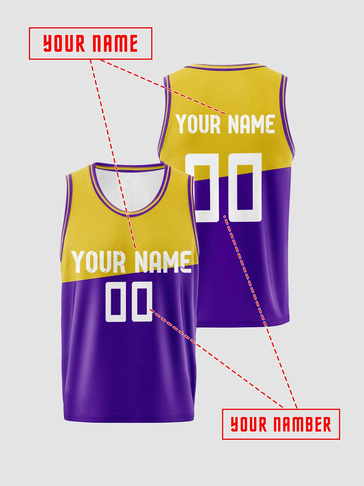 Yellow‑purple Half‑and‑half Contrast Custom Basketball Jersey, Simple Breathable Mesh Vest Support Custom Name and Number