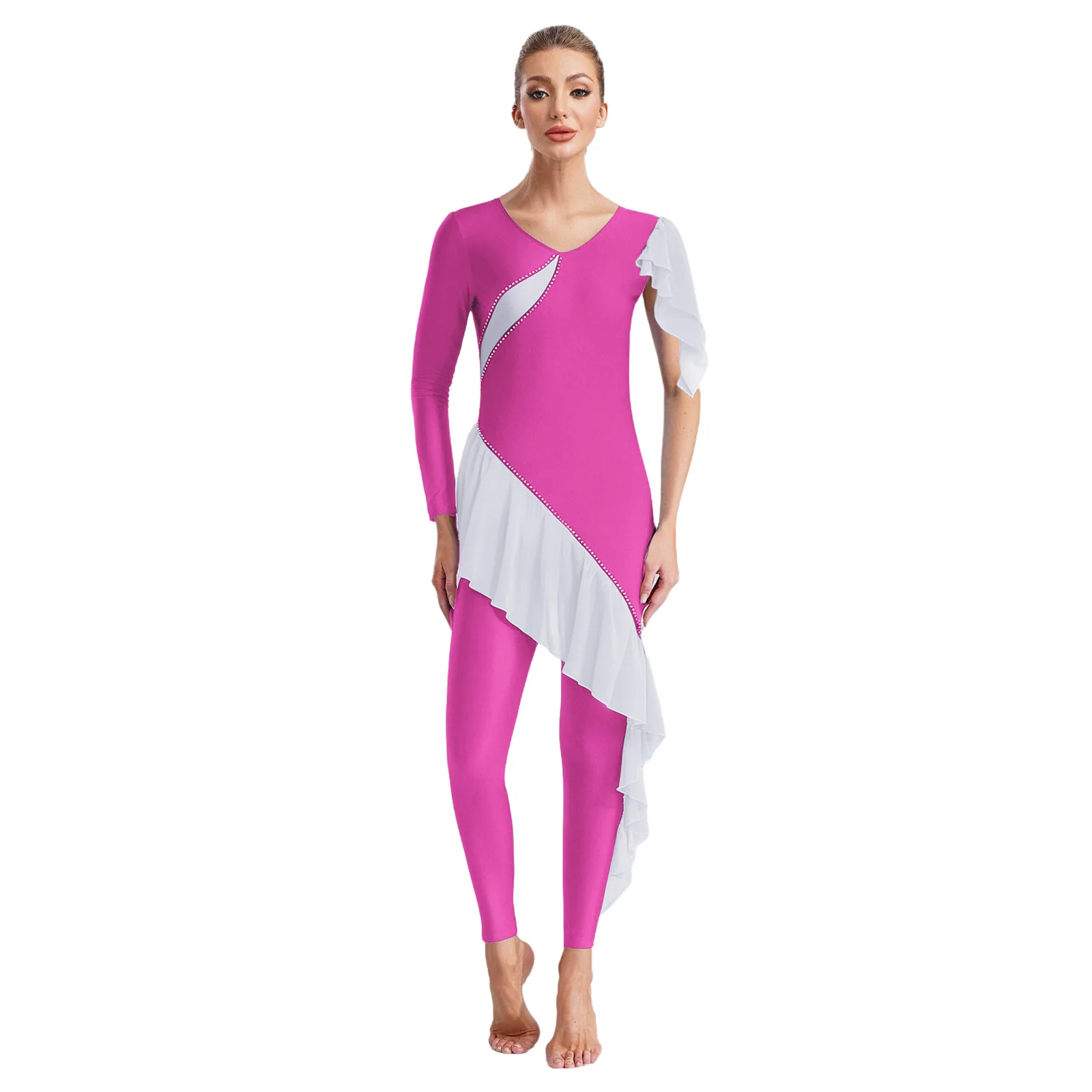 

Women's Temperament Gymnastics Jumpsuit Ruffled Trims Rhinestones Bodysuit for Figure Skating Acrobatics Ballet Dance Costumes