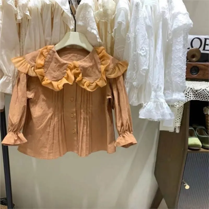 Fashion Baby Girl Cotton Blouses Ruffled Collar Infant Toddler Girl Pincess Solid Color Shirt Long Sleeve Top Baby Clothes 1-7Y