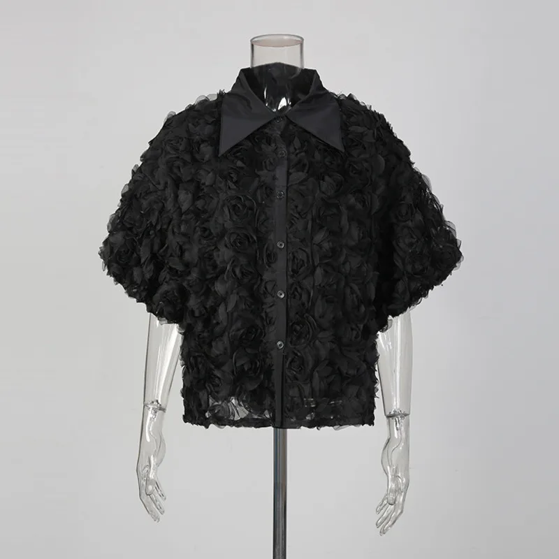 HKSH printemps été nouvelles femmes chemise manches courtes haut de gamme fleur tridimensionnelle simple boutonnage tendance Blouse Chic haut HK17811