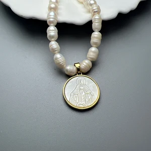 Natural Pearl Choker für Frauen, Jesus Heilige Herzhülle, Jungfrau Maria, Guadalupe Pingente Halskette, religiöser Schmuck 6 Hauptheilige Saled Sales Heart of Maria - №2