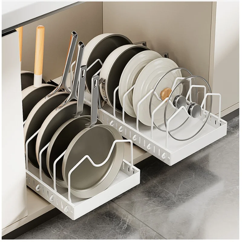Sliding Pull-Out Under Cabinet Pot Pan Organizer, Cookware Storage Rack with 8 Removable Adjustable Dividers