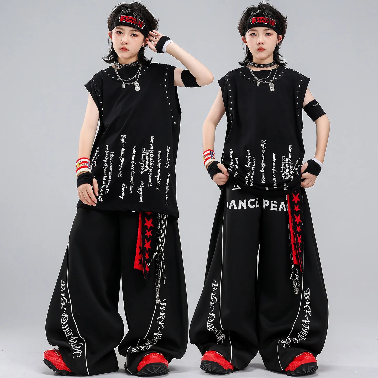 Boys Hip Hop Studded Vest Sleeveless Tank Top Loose Pants Girls K-pop Jazz Costumes Children Dance Clothes Sets Kids Streetwear