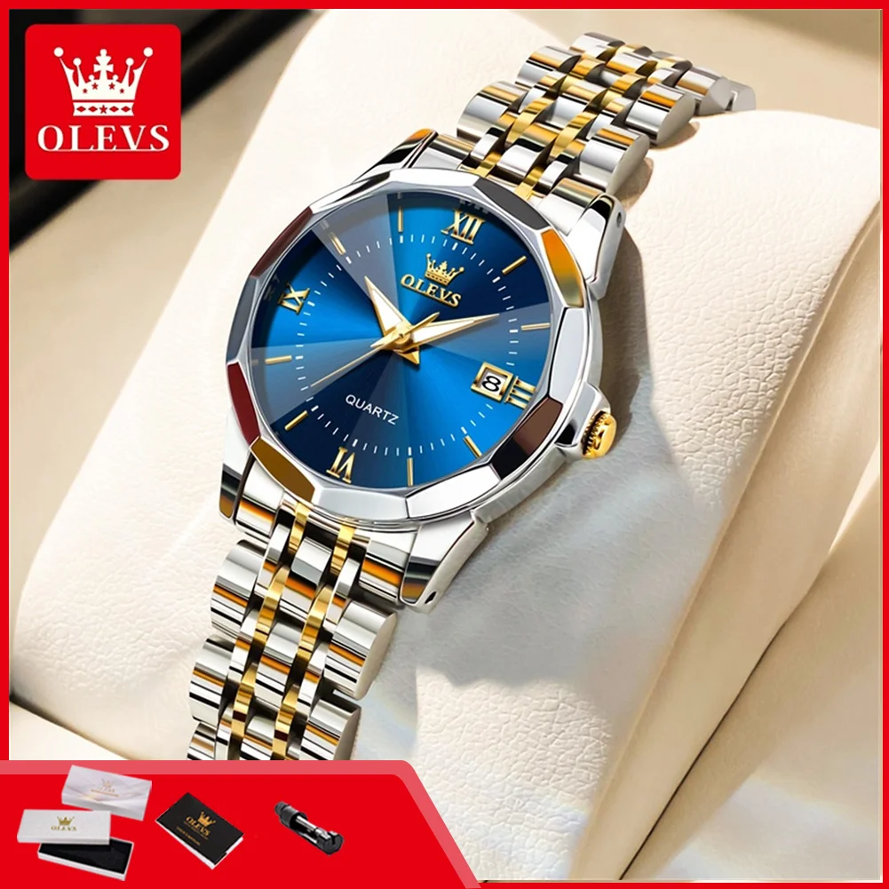 OLEVS 9989 Luxus-Quarzuhr für Damen Kalender Massives Stahlarmband Rhombus-Spiegel Wasserdicht Leuchtend Elegante Damen-Armbanduhr