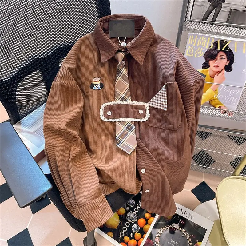 2023 New Autumn/Winter Fashion Hong Kong Style Polo Necktie Loose Relaxed Retro Contrast Color Dog Embroidered Corduroy Shirt