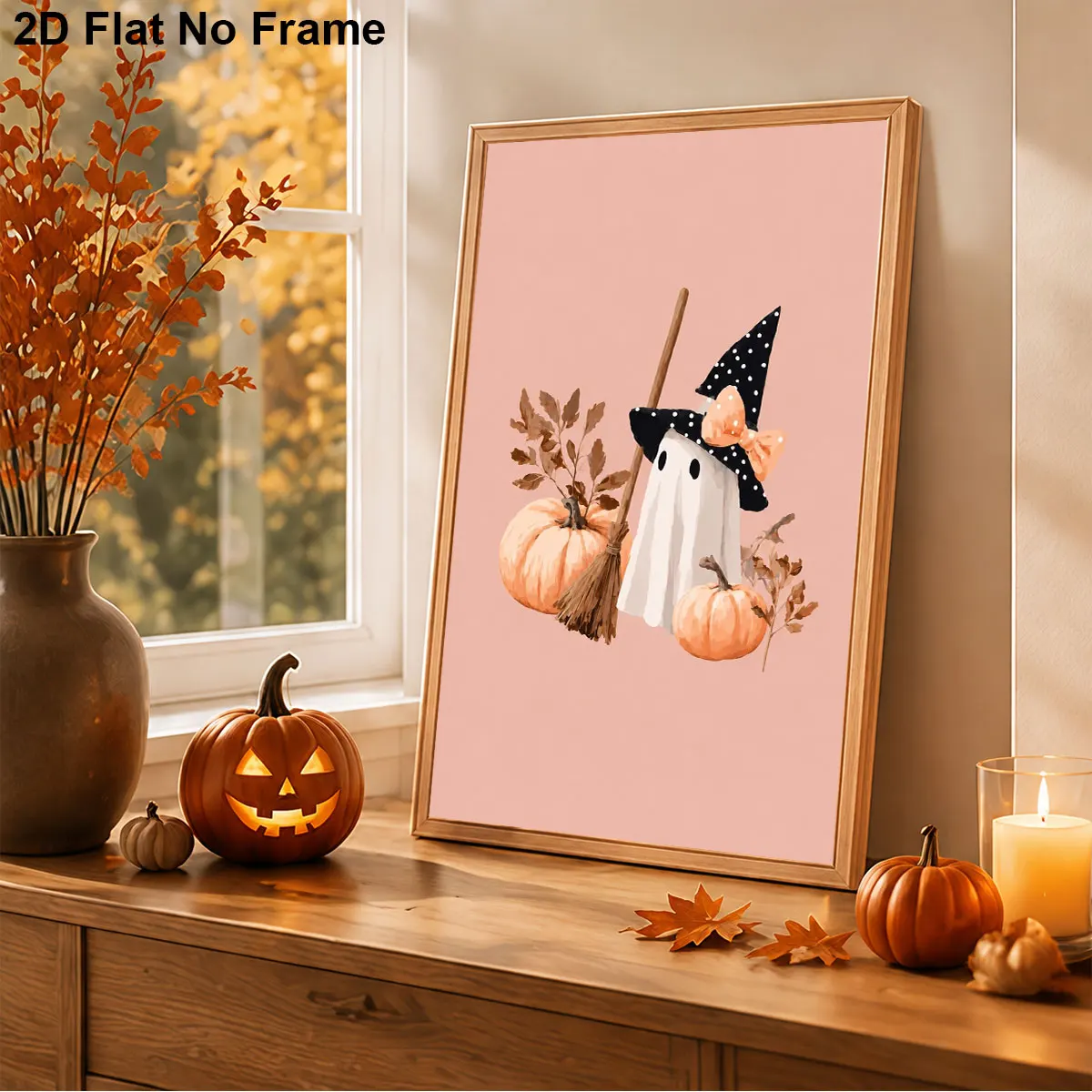 Autumn Ghost Poster Print A Cute Spectral Figure With Pumpkins And A Broomstick Suitable for Home Room Decoration.