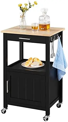 

Kitchen Island Trolley Cart with Drawer and Cabinet, Wood Top Kitchen Cart Microwave Stand for Dining Room, Black Wood tray