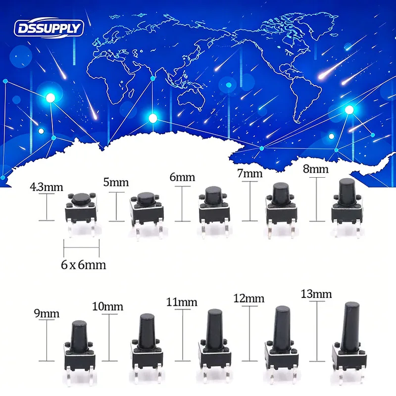 200PCS 10Value 6x6mm Micro Push Tact Switch KIT 6x6 Mini Tactile Toggle Touch Button PCB Momentary 4Pin 6*6 Pushbutton