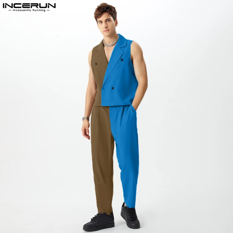 Handsome Men Two-piece Colorblock Suits INCERUN Causal Sleeveless Button Tops Pockets Ninth Trousers Suits Daily Loose Outfits