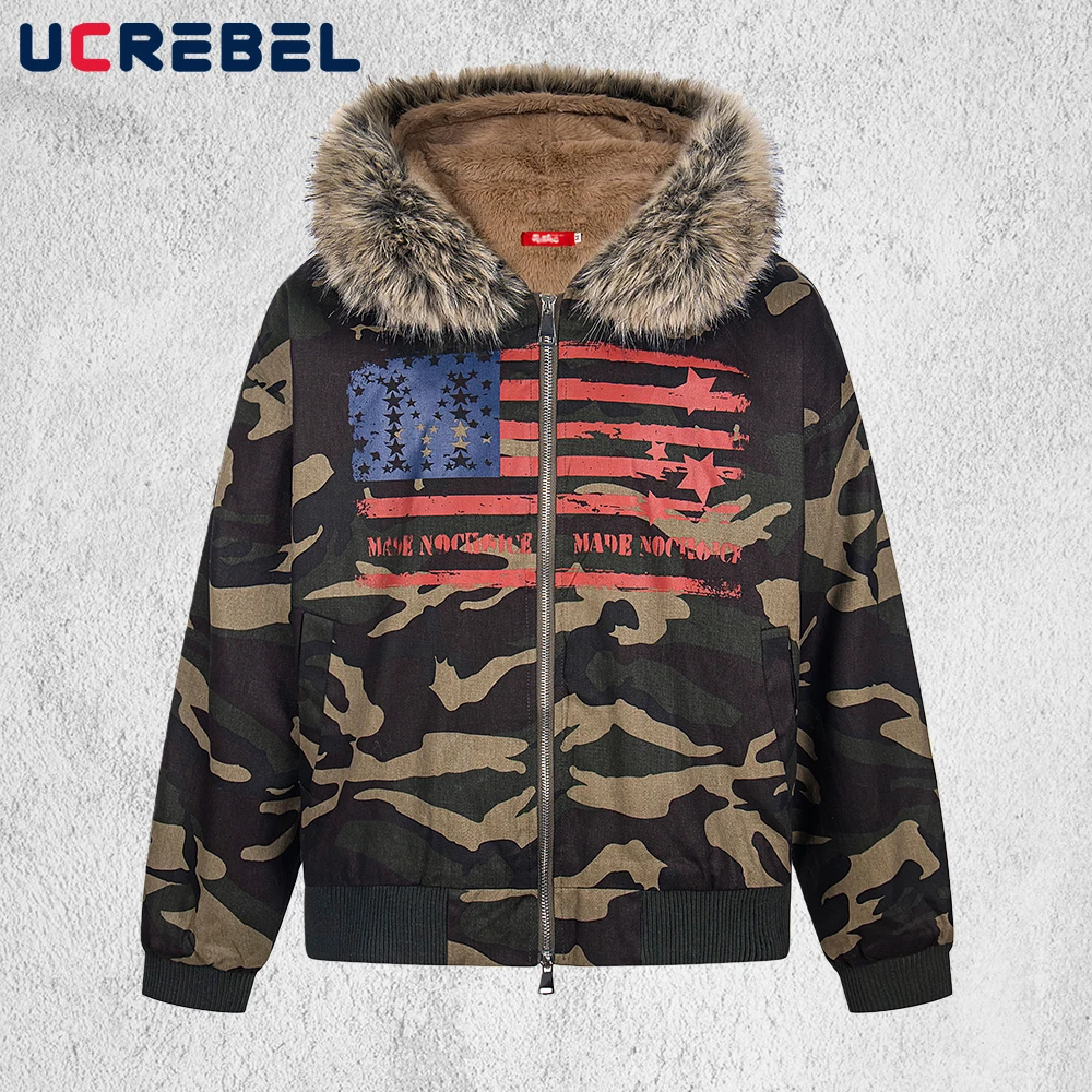 

Retro Print Camouflage Hooded Jacket Mens Winter Fleece Y2k Streetwear Long Sleeve Fur Collar Thick Outerwear Man