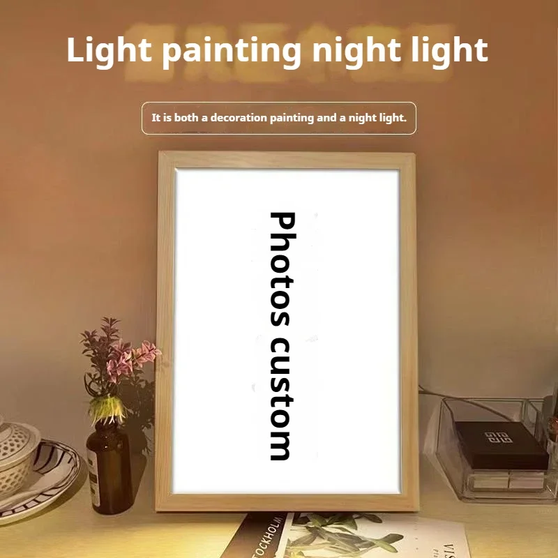 【Customized】Creative Gifts Cat Light Painting Decoration A4 Luminous Night Light Wooden Photo Frame Acrylic 3 Color Lights Lamp