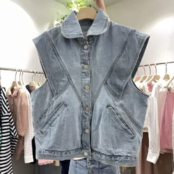 2024 Lente/Zomer Brief Borduurwerk Licht Kleur Gesplitst Mouwloos Katoen Mouwloos Denim Vest Jas Harajuku