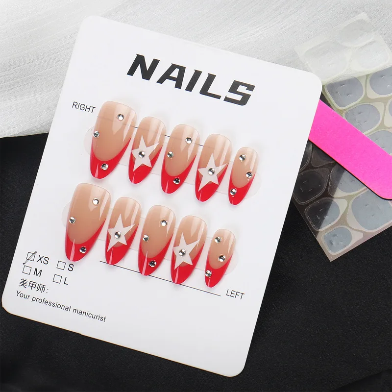 

24PCS Pink Almond Shape Press on Nails 3D Star Rhinestone French Design Sparkly False Nails Sweet Cool Style for Women Nail Art