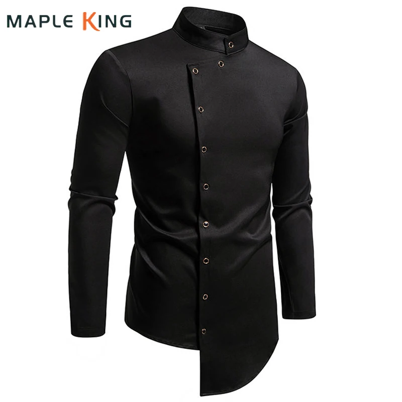 Męskie koszule w stylu Vintage osobowość nieregularne Crop z długim rękawem biznesowa koszula ze stójką mężczyźni Camisas Streetwear Blusas topy