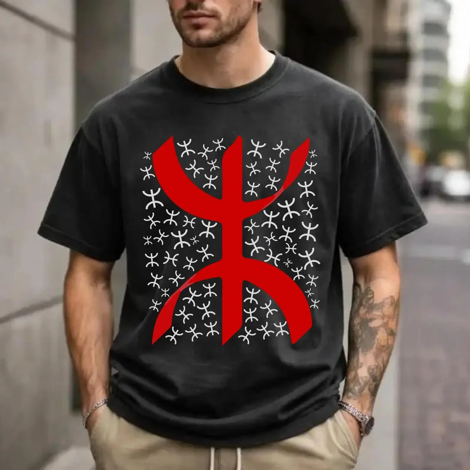 Men's Amazigh Berber Yaz Symbol T shirt Vintage Cultural Tattoo Print Casual  vintage Washed designer clothes Breathable