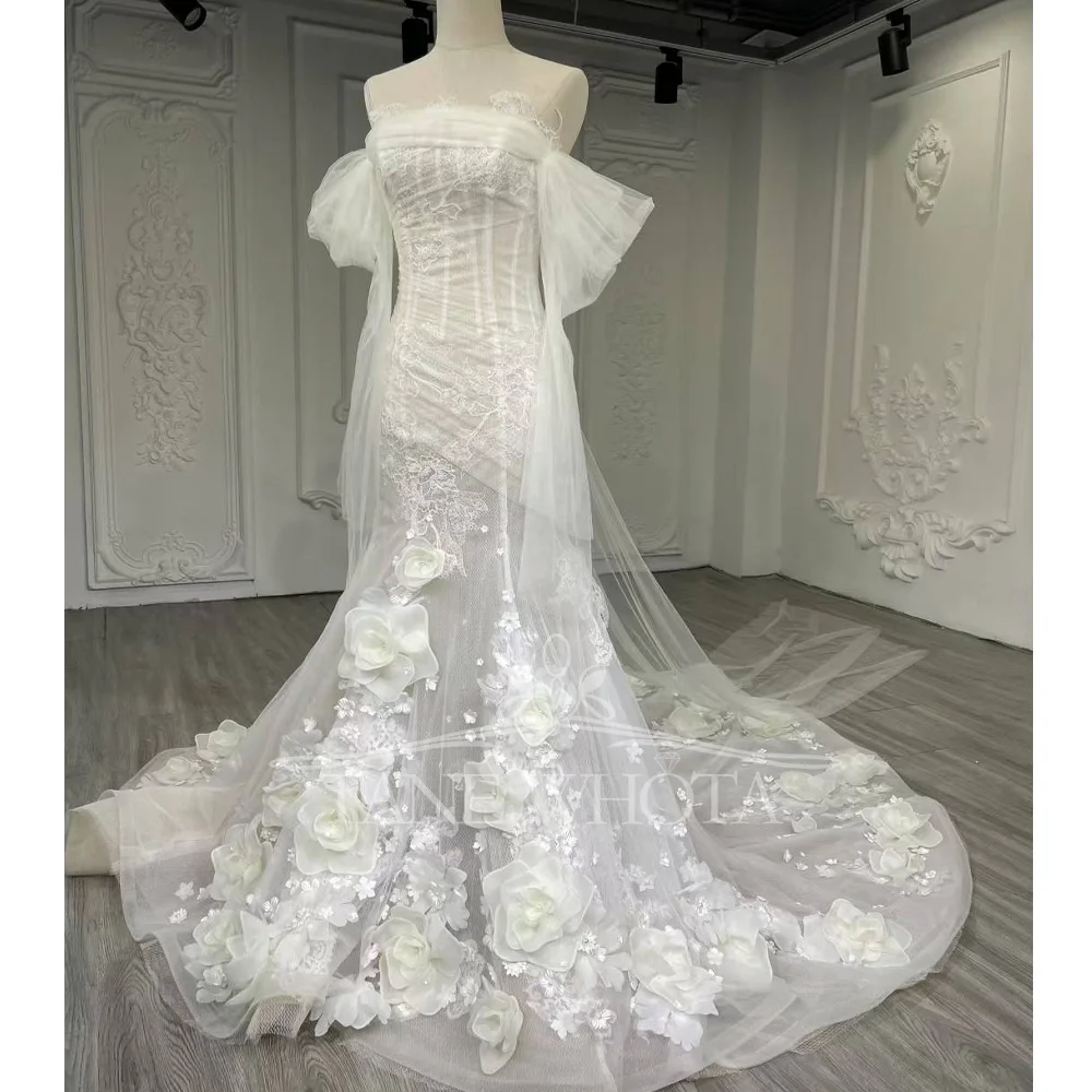 Luxury Strapless Off Shoulder Bridal Dress With Lace-Up Back 3D Embroidered Flowers Sexy Customized Wedding Dress