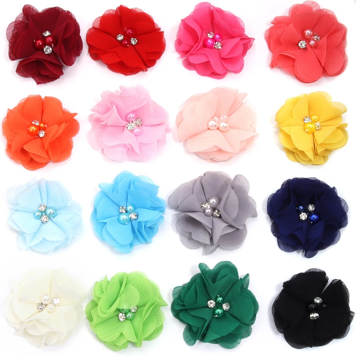 4pcs/lot 6cm Imitation Pearl Rhinestone Chiffon Fabric Flowers Handmade Artificial Flowers For Clothing Hairclip Decoration