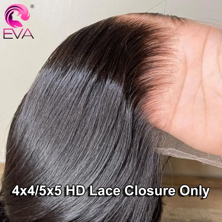 Eva Hair-Straight HD Lace Encerramento Cabelo Humano, Laço Invisível, Pele Derreta, Fecho Pré Arrebado, Parte Livre HD Fechamentos, 4x4 4 5 X5 Apenas