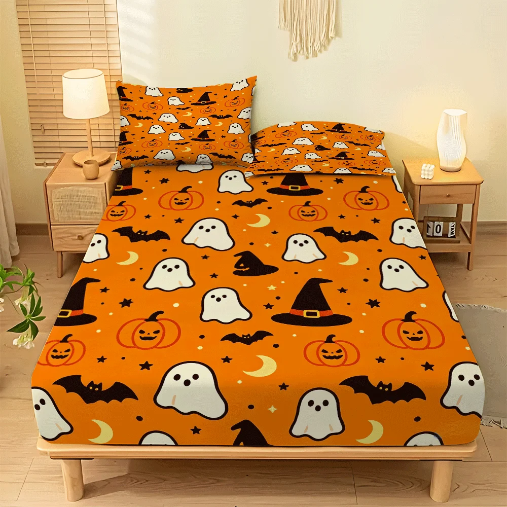 3-Piece Mattress Protector Set, Halloween Mattress Cover, Holiday Decoration, Lightweight and Breathable Summer 2D Printed Mattress Cover Set (Includes 1 Fitted Sheet + 2 Pillowcases, Does Not Include Pillow Inserts), Machine Washable, Home and Kitchen Supplies, Suitable for All Seasons, Machine Washable, Can Be Used in Home, Dormitory, Master Bedroom, Guest Room