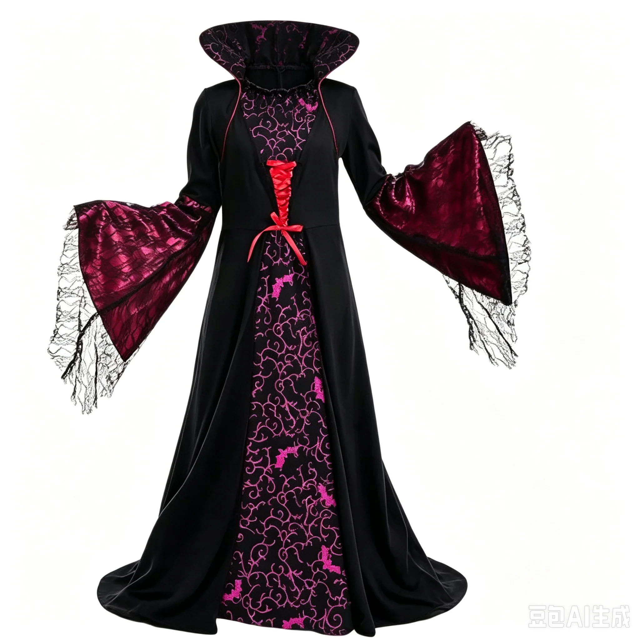 Girls Vampire Queen Costume Black Red Vintage Long Dress Stand Collar Flare Sleeve For Halloween Carnival Cosplay view 6