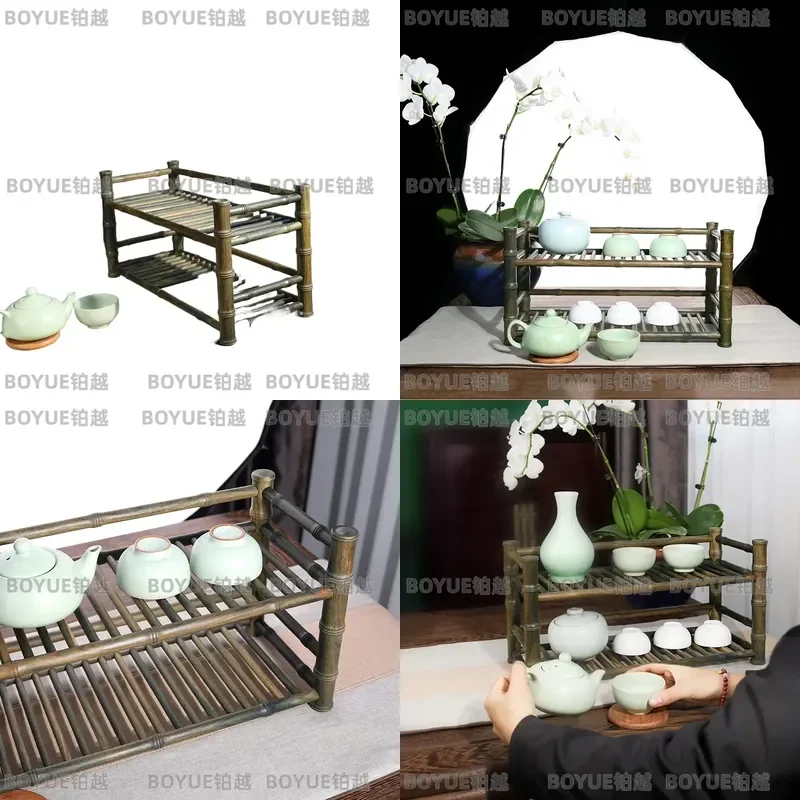 Green Sandalwood Double Layer Teacup Drain Rack Mahogany Tea Set Storage Shelf Desktop Display Stand Solid Wood