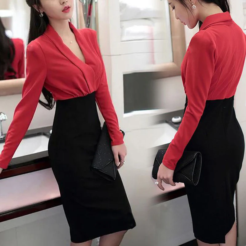 Summer New Office Lady Elegant Fashion Patchwork Bodycon Dress Female Temperament Long Sleeve Waist Robe Women\'s V-neck Vestidos