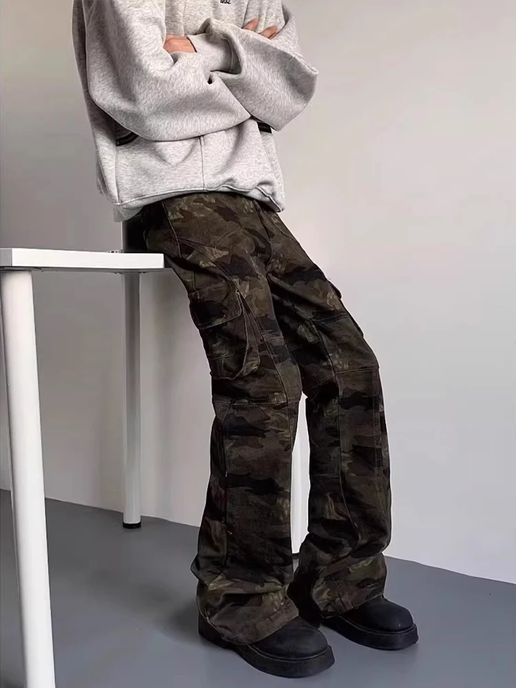 

Камуфляжные джинсы скинни, мужские летние тонкие американские широкие брюки High Street Vibe, прямая рабочая одежда, повседневные джинсы со средней талией