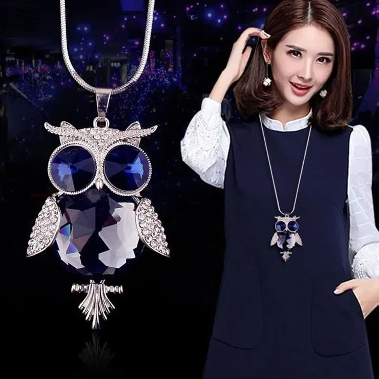 Women Lovely Owl Pendant Rhinestone Long Sweater Box Chain Necklace Jewelry Choker Feather Pendants Necklaces For Women