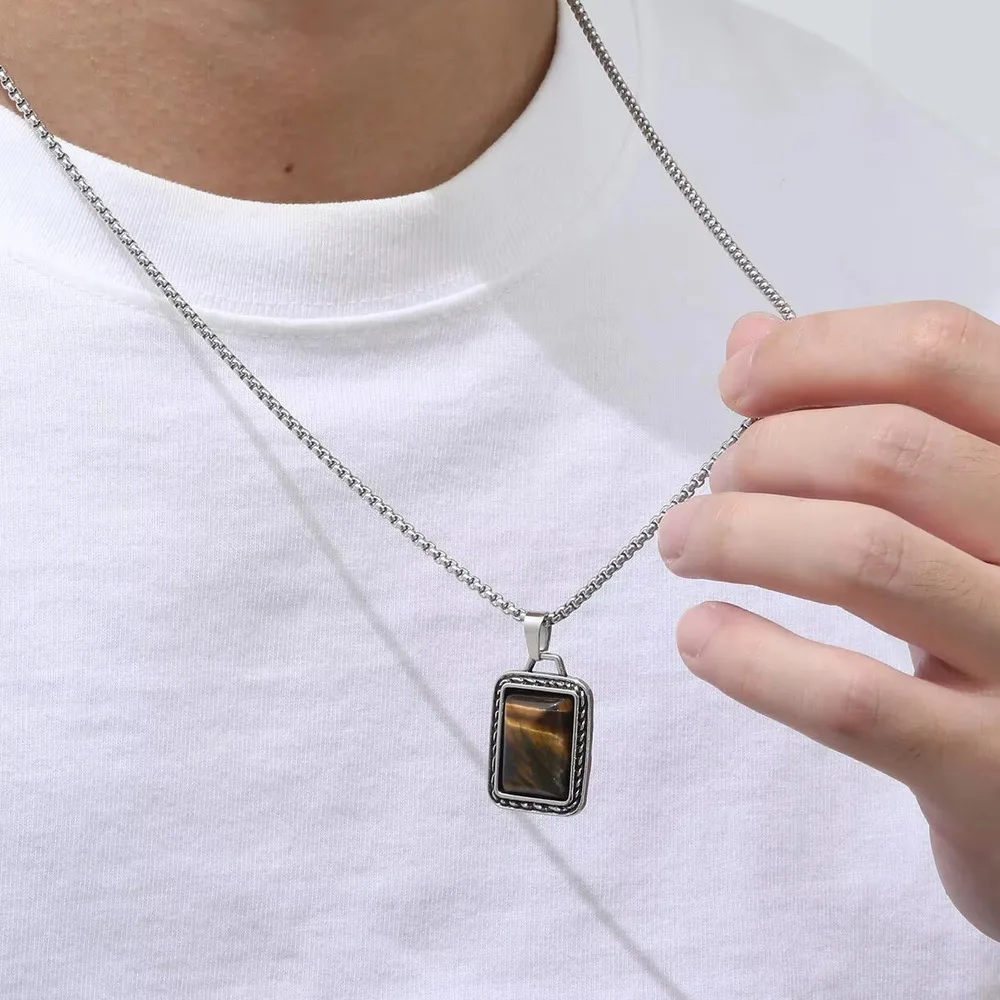 Vintage Brown Square Necklaces for Men Boys,Tiger Eye Stone Pendant Necklaces,Rock Punk Jewerly Birthday Father Gift