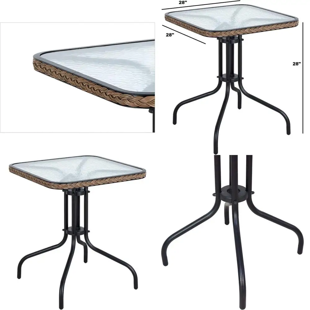 

Brown Rattan-Edged 28 Square Metal Indoor-Outdoor Tempered Glass Restaurant Table