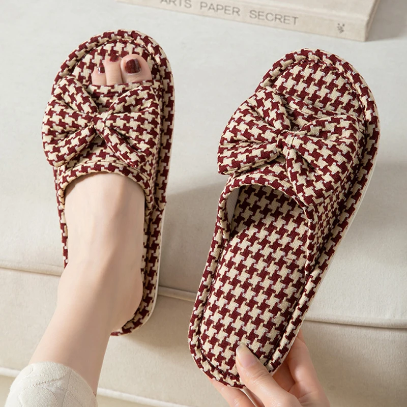 

Женские тапочки из конопляной ткани в клетку, домашние шлепанцы, трендовые весенне-летние дизайнерские туфли класса люкс, ретро-модель для девочек, комнатные шлепанцы с мягкой подошвой и открытым носком