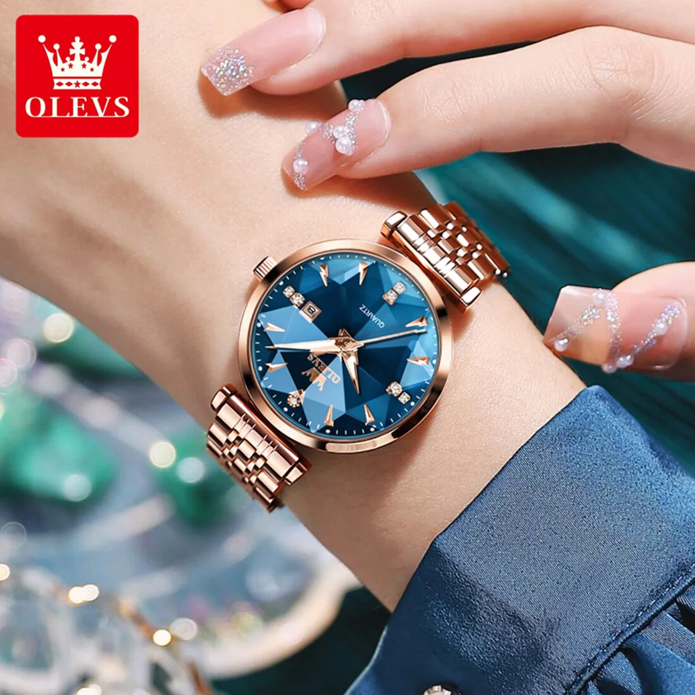 OLEVS Women\'s Watches Fashion Elegant Rhombic shape Mirror Original Quartz Wristwatch Waterproof Strap Date