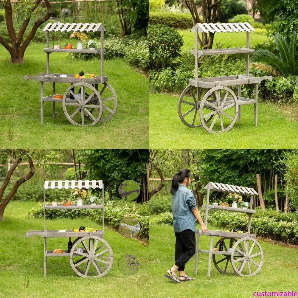 

Vintage Wooden 3-Tier Rolling Plant Stand with Shelves for Display and Storage