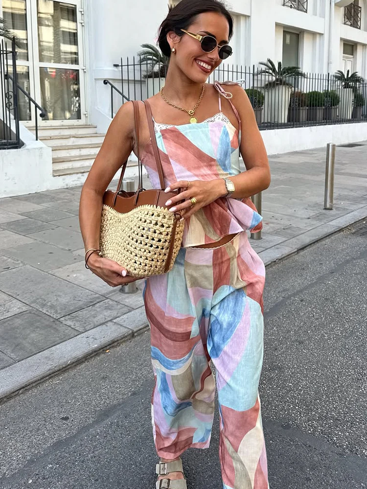 HH Fashion 2026 Summer Boho Printed Camisole Pants Set Women's Lace Lace-up Backless Top+ Lace Trim Wide Leg Pants 2 Piece Set - view 5