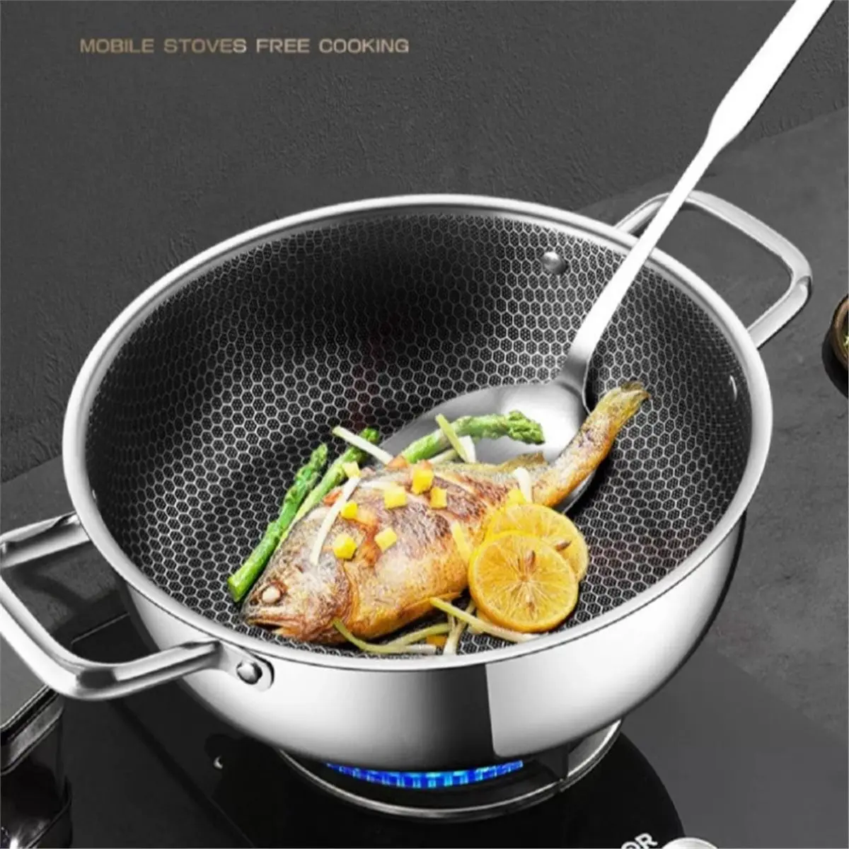 Oct Sale Stainless Steel Frying Pan Soup Pot Wok Honeycomb Non-Stick Pan Home Hot Pan Induction Cooker Stove Universal