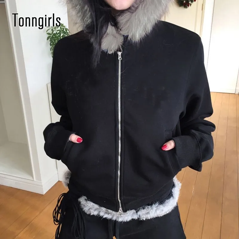 Tonngirls Y2k Vintage Hoodyed Women Patchwork Fur Collar Hooded Zipper Cardigan Sweatshirt 2000s Japanese E-girls Coats Winter