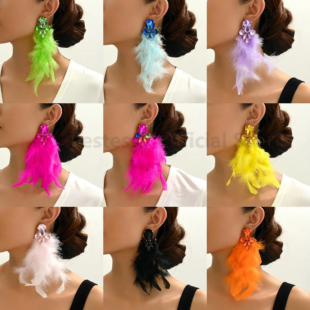 Colorful Glass Long Feather Drop Dangle Earrings For Women Luxury Trendy Handmade Pendientes Romantic Wedding Bride Jewelry Gift