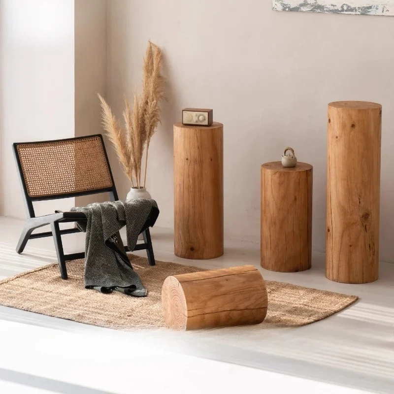 Solid Wood Stump Stool Natural Log Wind Living Room Side Table Retro Garden Flower Stand Multifunctional Round Entrance Seating