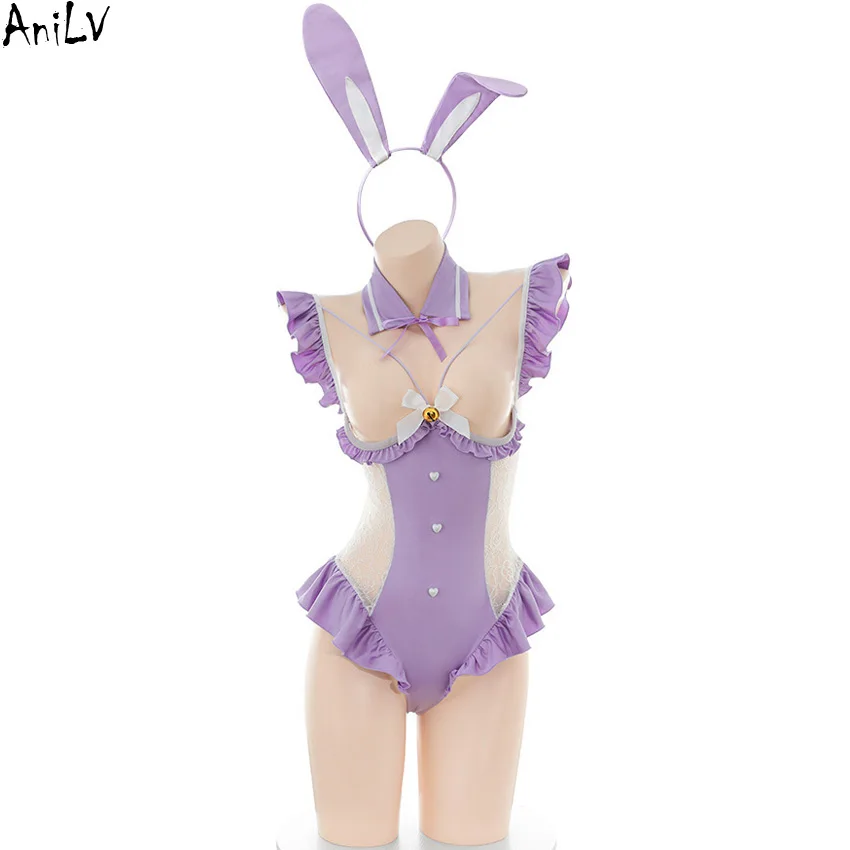 

AniLV аниме Bunny Girl, униформа, сексуальное женское белье, женское фиолетовое кружевное боди для горничной, искушение, пижамы, эротические костюмы